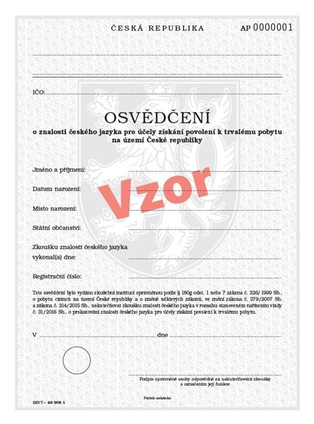 Osvědčení o znalosti ČJ pro účely získání povolení k trvalému pobytu na území ČR - A1