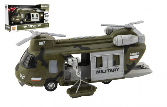 Vrtulník/ Helikoptéra vojenská plast 28 cm na setrvačník a na bat. se světlem a zvukem