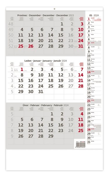 Kalendář nástěnný 2024 - Tříměsíční šedý s poznámkami