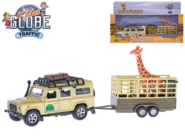 Kids Globe Traffic Land Rover Defender 14 cm na zpětný chod s přívěsem 14 cm a žirafou