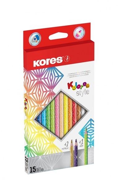 Kores Trojhranné pastelky Kolores Style 3 mm - sada 15 barev vč. 2 metalických a 1 neonové