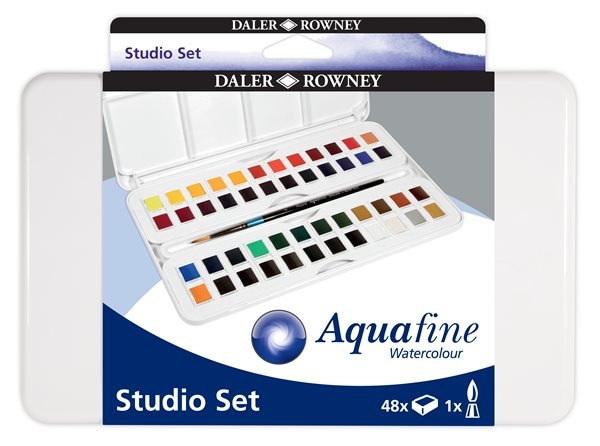 Sada akvarelových barev Daler-Rowney - cestovní box - 48 x 1/2 pánvička + sada štětců zdarma